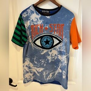 Rich Star Patchwork Mixed Media Graphic Tee Blue Smoke Eye Shirt Mens M